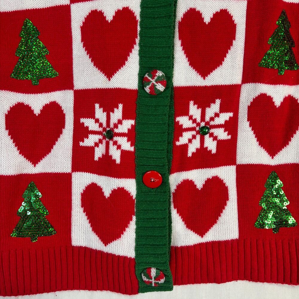 Ugly Christmas Holiday Sweater Button Up Cardigan Red Sequin Trees Sz S (4-6) - Picture 3 of 9